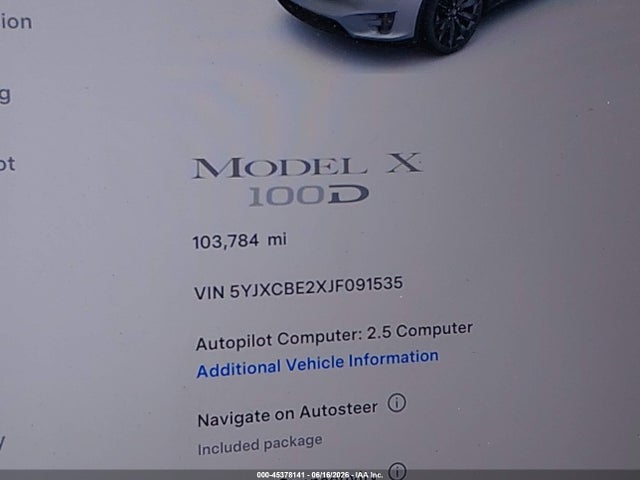 2018 Tesla Model X 100d/75d/p100d მანქანა იყიდება აუქციონზე, vin: 5YJXCBE2XJF091535, აუქციონის ნომერი: 45378141