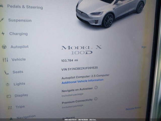 2018 Tesla Model X 100d/75d/p100d მანქანა იყიდება აუქციონზე, vin: 5YJXCBE2XJF091535, აუქციონის ნომერი: 45378141