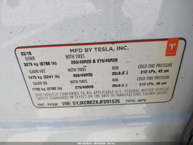 2018 Tesla Model X 100d/75d/p100d მანქანა იყიდება აუქციონზე, vin: 5YJXCBE2XJF091535, აუქციონის ნომერი: 45378141