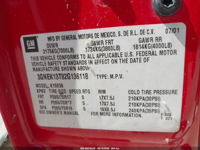Продажа на аукционе авто 2002 Chevrolet Avalanche 1500, vin: 3GNEK13T82G136118, номер лота: 45378142