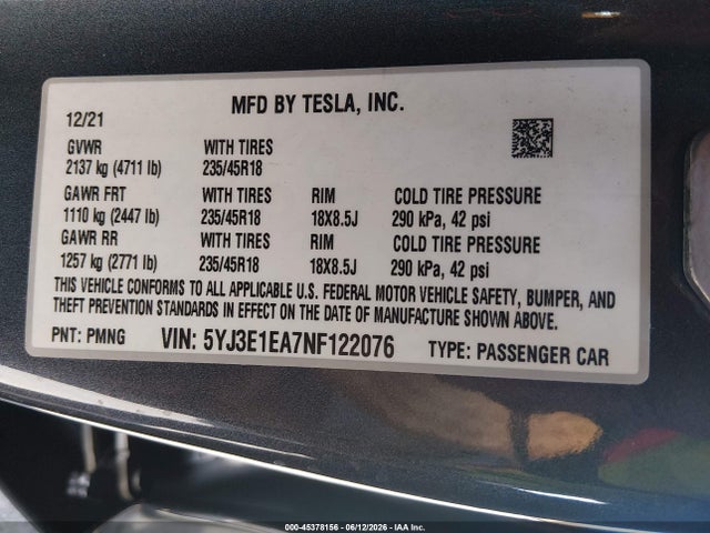 Tesla Model 3 Rear-wheel Drive 2022 5YJ3E1EA7NF122076 Image 9