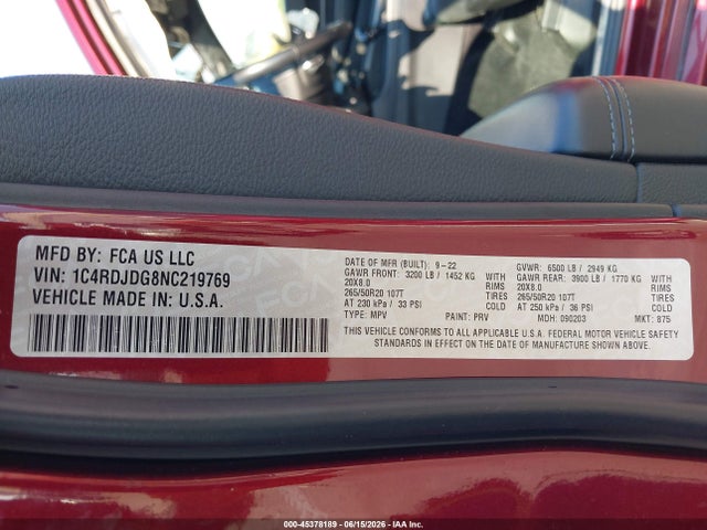 45378189 :رقم المزاد ، 1C4RDJDG8NC219769 vin ، 2022 Dodge Durango Gt Plus Awd مزاد بيع
