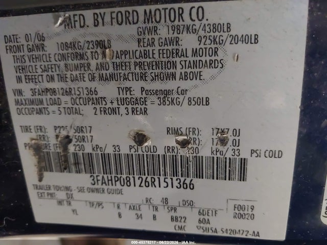 Aukcja sprzedaży 2006 Ford Fusion Sel, vin: 3FAHP08126R151366, numer aukcji: 45378217