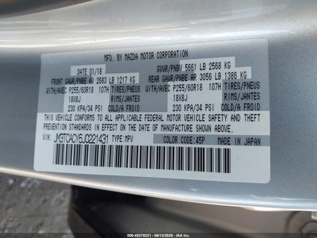 Aukcja sprzedaży 2018 Mazda Cx-9 Touring, vin: JM3TCACY6J0221431, numer aukcji: 45378221