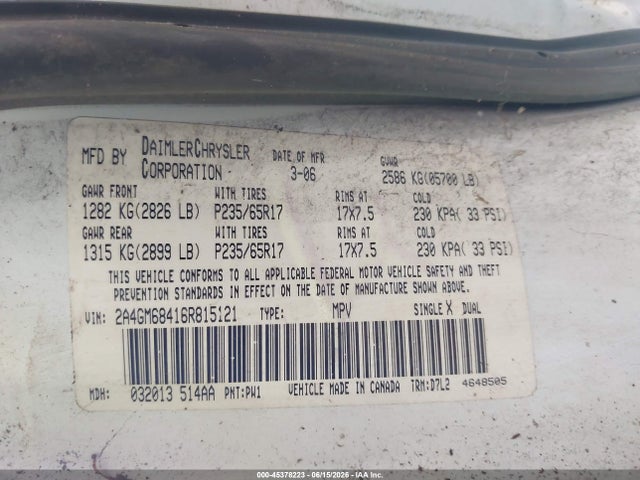 Aukcja sprzedaży 2006 Chrysler Pacifica Touring, vin: 2A4GM68416R815121, numer aukcji: 45378223