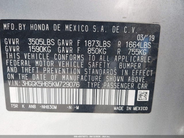 3HGGK5H65KM729076 Honda Fit Sport