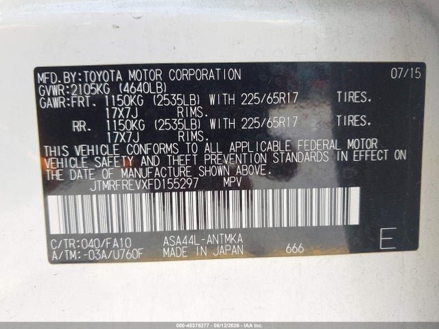 JTMRFREVXFD155297 Toyota Rav4 Xle