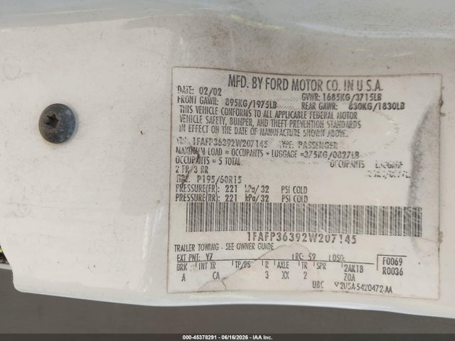 Продаж на аукціоні авто 2002 Ford Focus Se Base/se Comfort/ztw, vin: 1FAFP36392W207145, номер лоту: 45378291