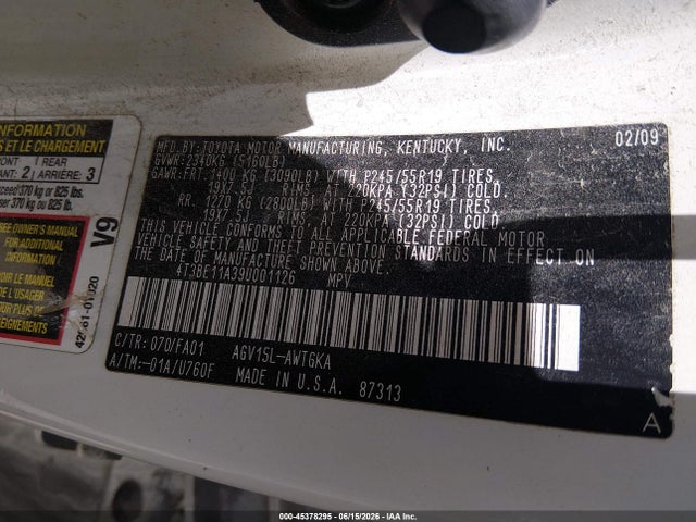 Aukcja sprzedaży 2009 Toyota Venza, vin: 4T3BE11A39U001126, numer aukcji: 45378295