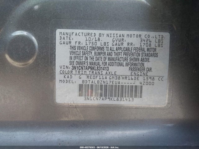 3N1CN7AP9KL831413 Nissan Versa 1.6 Sv
