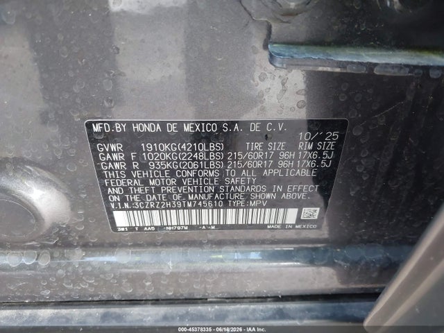 Aukcja sprzedaży 2026 Honda Hr-v Awd Lx, vin: 3CZRZ2H39TM745610, numer aukcji: 45378335
