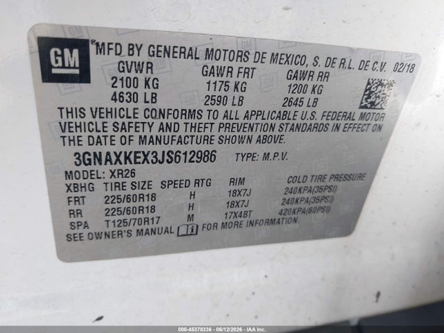 Aukcja sprzedaży 2018 Chevrolet Equinox Lt, vin: 3GNAXKEX3JS612986, numer aukcji: 45378336