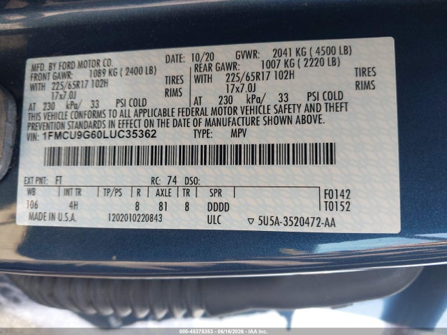 Ford ESCAPE SE 2020 1FMCU9G60LUC35362 Image 9