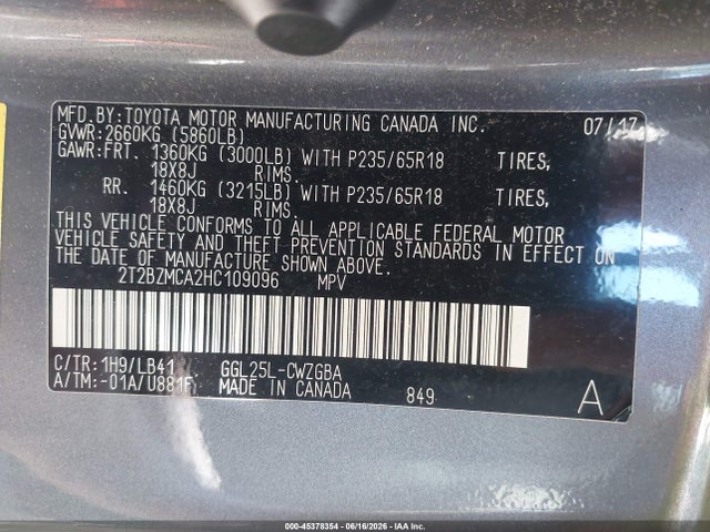 45378354 :رقم المزاد ، 2T2BZMCA2HC109096 vin ، 2017 Lexus Rx 350 مزاد بيع