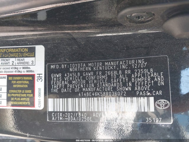 Продажа на аукционе авто 2008 Toyota Camry Le, vin: 4T4BE46K58R036072, номер лота: 45378356