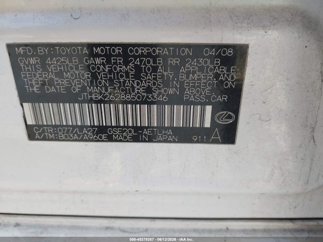 45378357 :رقم المزاد ، JTHBK262885073346 vin ، 2008 Lexus Is 250 مزاد بيع