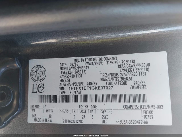 45378361 :رقم المزاد ، 1FTFX1EF1GKE37027 vin ، 2016 Ford F-150 Xlt مزاد بيع
