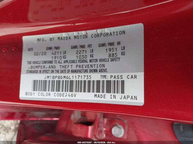Продаж на аукціоні авто 2020 Mazda Mazda3 Preferred Package, vin: JM1BPBDM6L1171735, номер лоту: 45378367