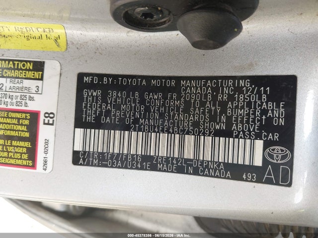 Aukcja sprzedaży 2011 Toyota Corolla Le, vin: 2T1BU4EE4BC750292, numer aukcji: 45378386