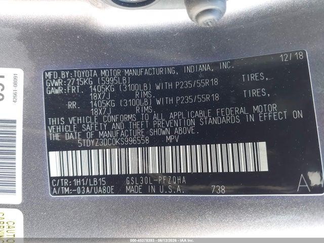 5TDYZ3DC0KS996558 Toyota Sienna Limited Premium 7 Passenger