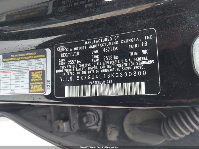 Продаж на аукціоні авто 2019 Kia Optima Ex, vin: 5XXGU4L13KG330800, номер лоту: 45378403