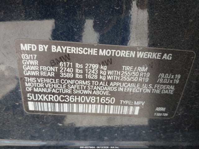 Aukcja sprzedaży 2017 Bmw X5 Xdrive35i, vin: 5UXKR0C36H0V81650, numer aukcji: 45378404