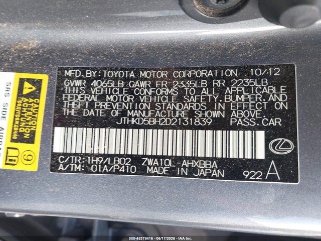Aukcja sprzedaży 2013 Lexus Ct 200h, vin: JTHKD5BH2D2131839, numer aukcji: 45378416