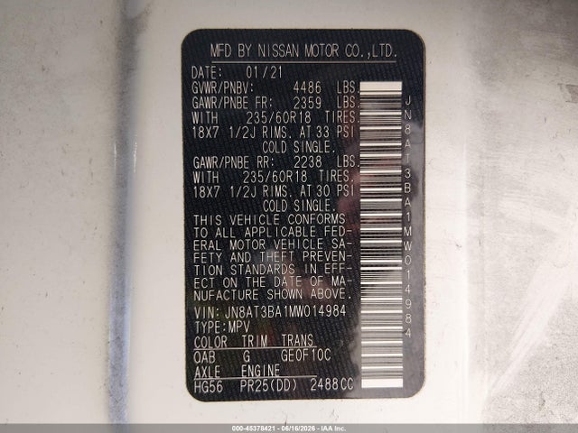 JN8AT3BA1MW014984 Nissan Rogue Sv Fwd