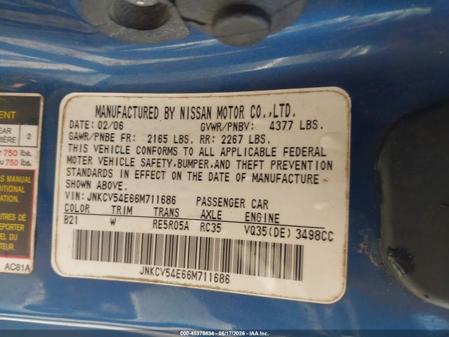 45378434 :رقم المزاد ، JNKCV54E66M711686 vin ، 2006 Infiniti G35 مزاد بيع