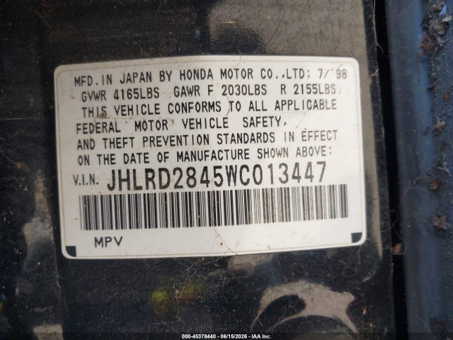 45378440 :رقم المزاد ، JHLRD2845WC013447 vin ، 1998 Honda Cr-v Lx مزاد بيع