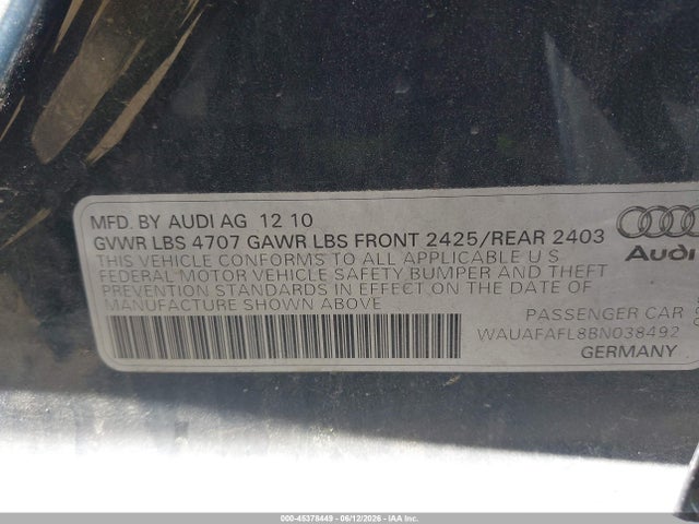 Продажа на аукционе авто 2011 Audi A4 2.0t Premium, vin: WAUAFAFL8BN038492, номер лота: 45378449