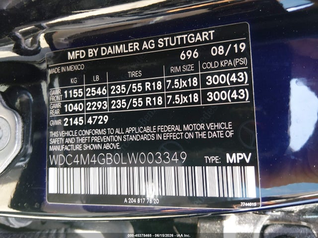 Aukcja sprzedaży 2020 Mercedes-benz Glb 250, vin: WDC4M4GB0LW003349, numer aukcji: 45378465
