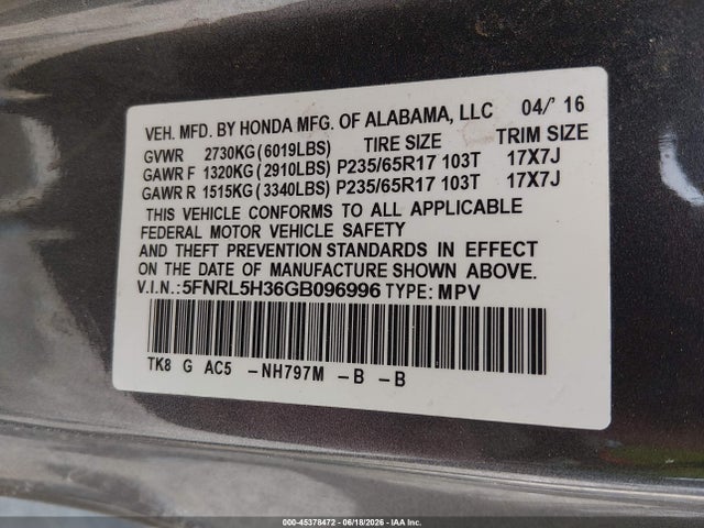 Honda ODYSSEY SE 2016 5FNRL5H36GB096996 Image 9