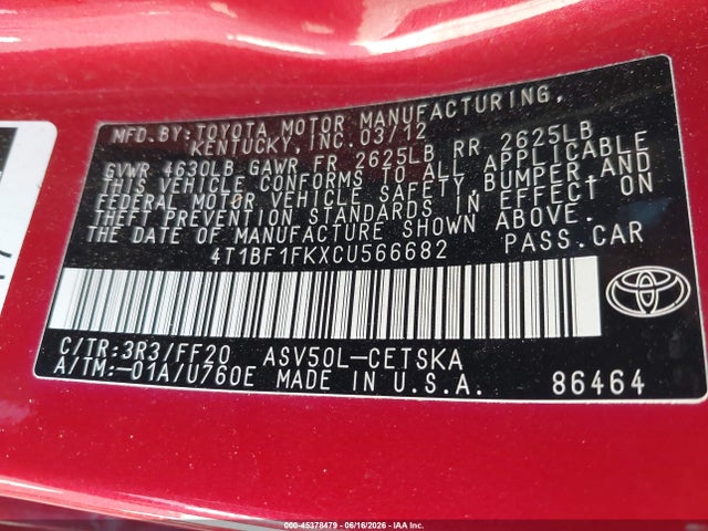 Продажа на аукционе авто 2012 Toyota Camry Se, vin: 4T1BF1FKXCU566682, номер лота: 45378479