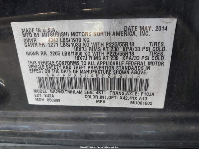 2014 Mitsubishi Outlander Sport Es მანქანა იყიდება აუქციონზე, vin: 4A4AP3AUXEE029110, აუქციონის ნომერი: 45378481