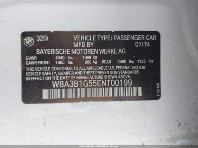 Aukcja sprzedaży 2014 Bmw 320i, vin: WBA3B1G55ENT00199, numer aukcji: 45378487