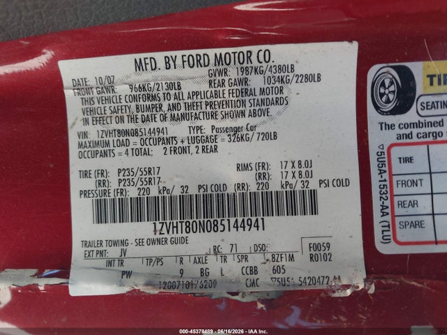 Auction sale of the 2008 Ford Mustang V6 Deluxe/v6 Premium, vin: 1ZVHT80N085144941, lot number: 45378489