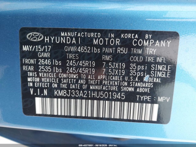 2017 Hyundai Tucson Sport მანქანა იყიდება აუქციონზე, vin: KM8J33A21HU501945, აუქციონის ნომერი: 45378501