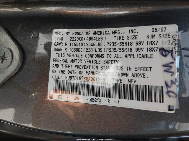 Aukcja sprzedaży 2008 Acura Rdx, vin: 5J8TB18268A001258, numer aukcji: 45378525