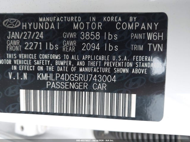 Aukcja sprzedaży 2024 Hyundai Elantra Limited, vin: KMHLP4DG5RU743004, numer aukcji: 45378537