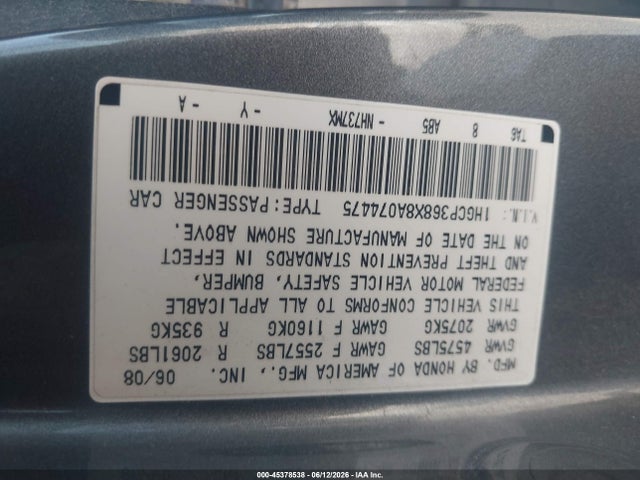 Aukcja sprzedaży 2008 Honda Accord 3.5 Ex-l, vin: 1HGCP368X8A074475, numer aukcji: 45378538