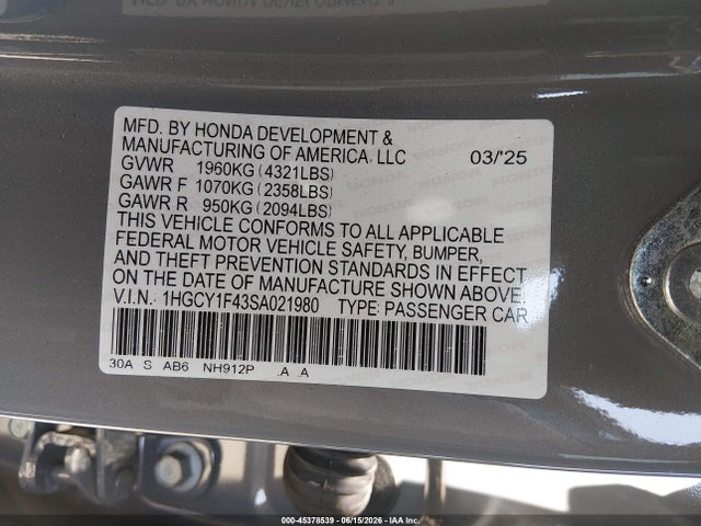 Honda ACCORD SE 2025 1HGCY1F43SA021980 Image 9