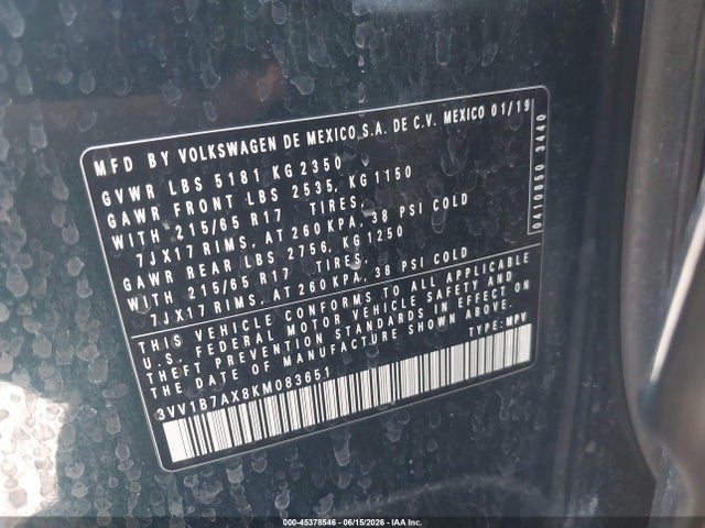 3VV1B7AX8KM083651 Volkswagen Tiguan 2.0t S