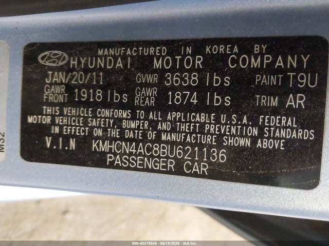 Aukcja sprzedaży 2011 Hyundai Accent Gls, vin: KMHCN4AC8BU621136, numer aukcji: 45378548