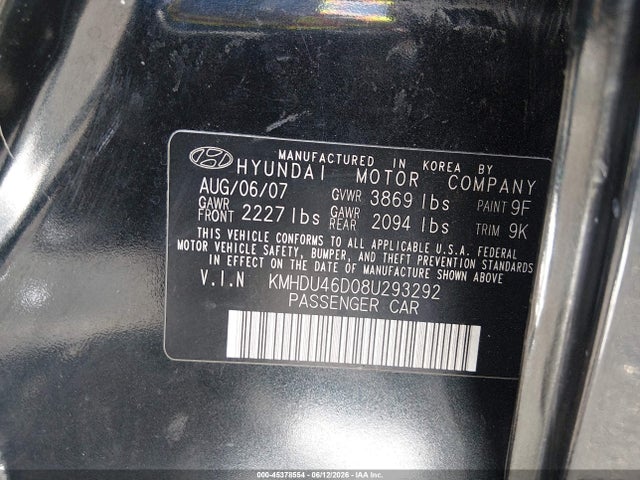 45378554 :رقم المزاد ، KMHDU46D08U293292 vin ، 2008 Hyundai Elantra Gls/se مزاد بيع