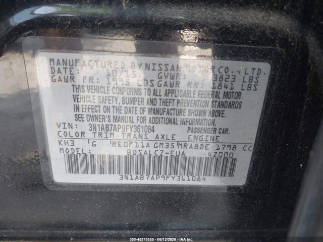 Aukcja sprzedaży 2015 Nissan Sentra S, vin: 3N1AB7AP9FY361084, numer aukcji: 45378555