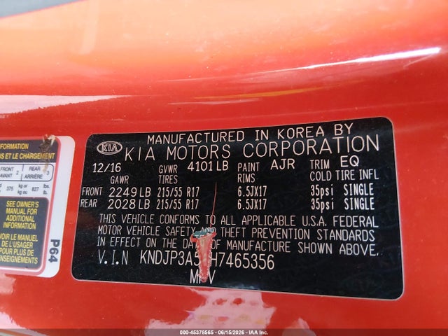 KIA SOUL + 2017 KNDJP3A57H7465356 Image 9