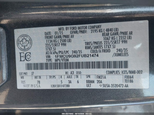 1FMCU9G92FUB21474 Ford ESCAPE SE