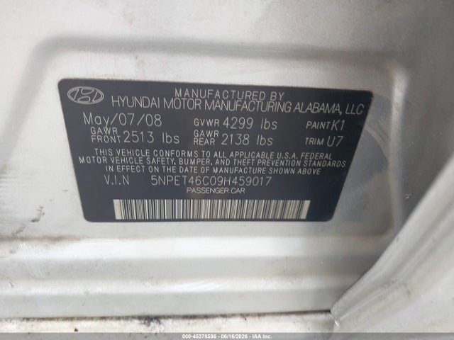 Aukcja sprzedaży 2009 Hyundai Sonata Gls, vin: 5NPET46C09H459017, numer aukcji: 45378596