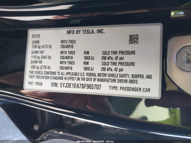45378603 :رقم المزاد ، 5YJ3E1EA7SF965707 vin ، 2025 Tesla Model 3 Long Range Rear-wheel Drive/standard Rear-wheel Drive مزاد بيع